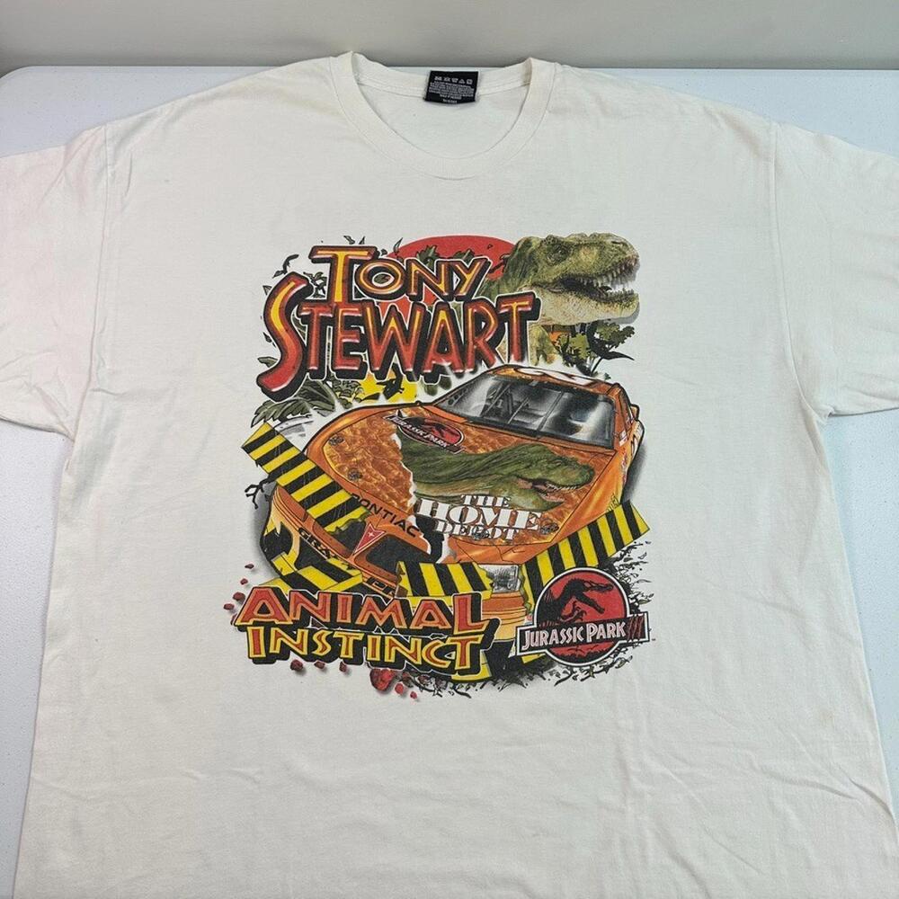 Vintage Jurassic Park Shirt Mens Large White NASCAR Tony Stewart Dinosaur Tee